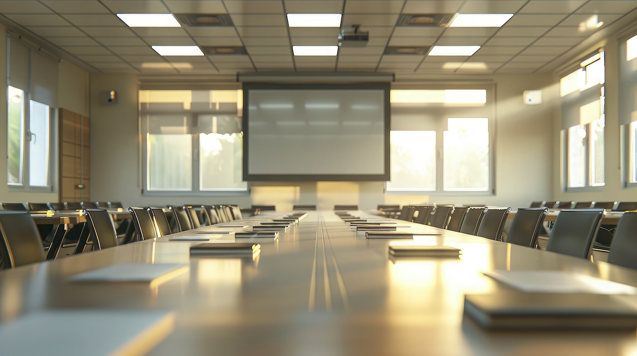 Empty conference room with a long table and projector, ready for a business meeting jpeg