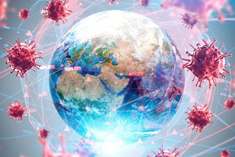 Graphics of virus molecules surrounding earth