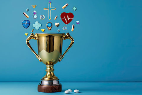 Close-up of trophy and medical icons 